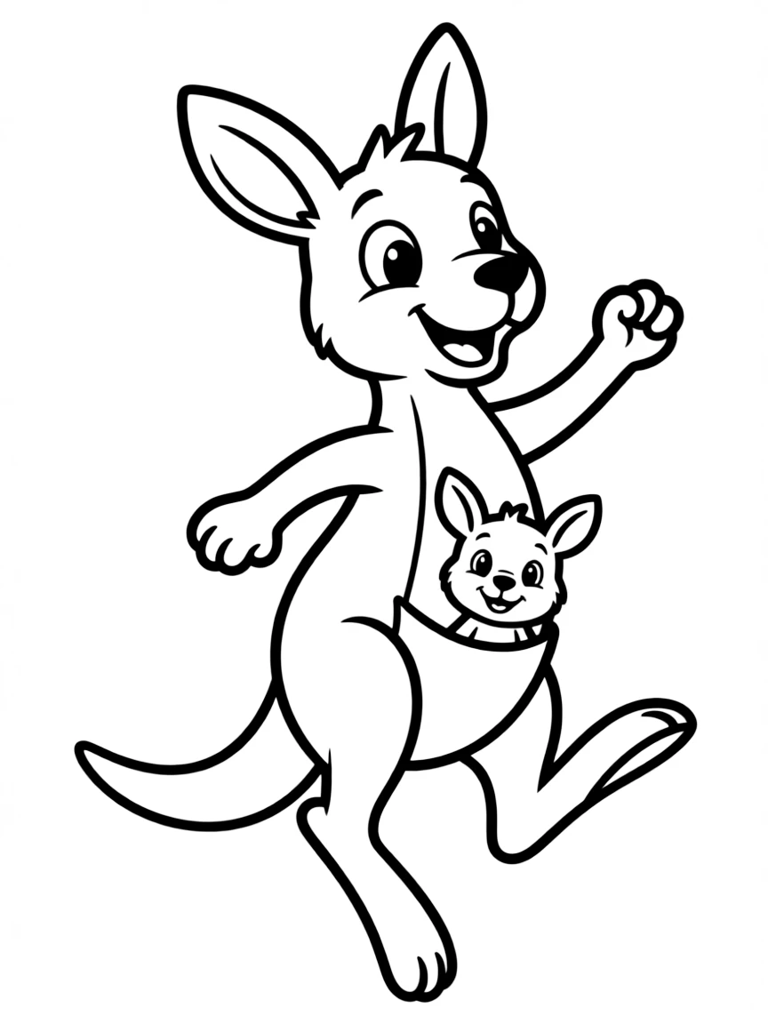 A simplified drawing of a cute kangaroo jumping with a joey for coloring.