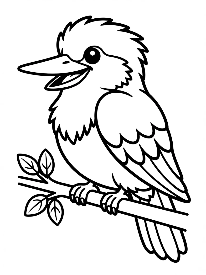 A cartoon-style drawing of a friendly kookaburra bird for coloring.