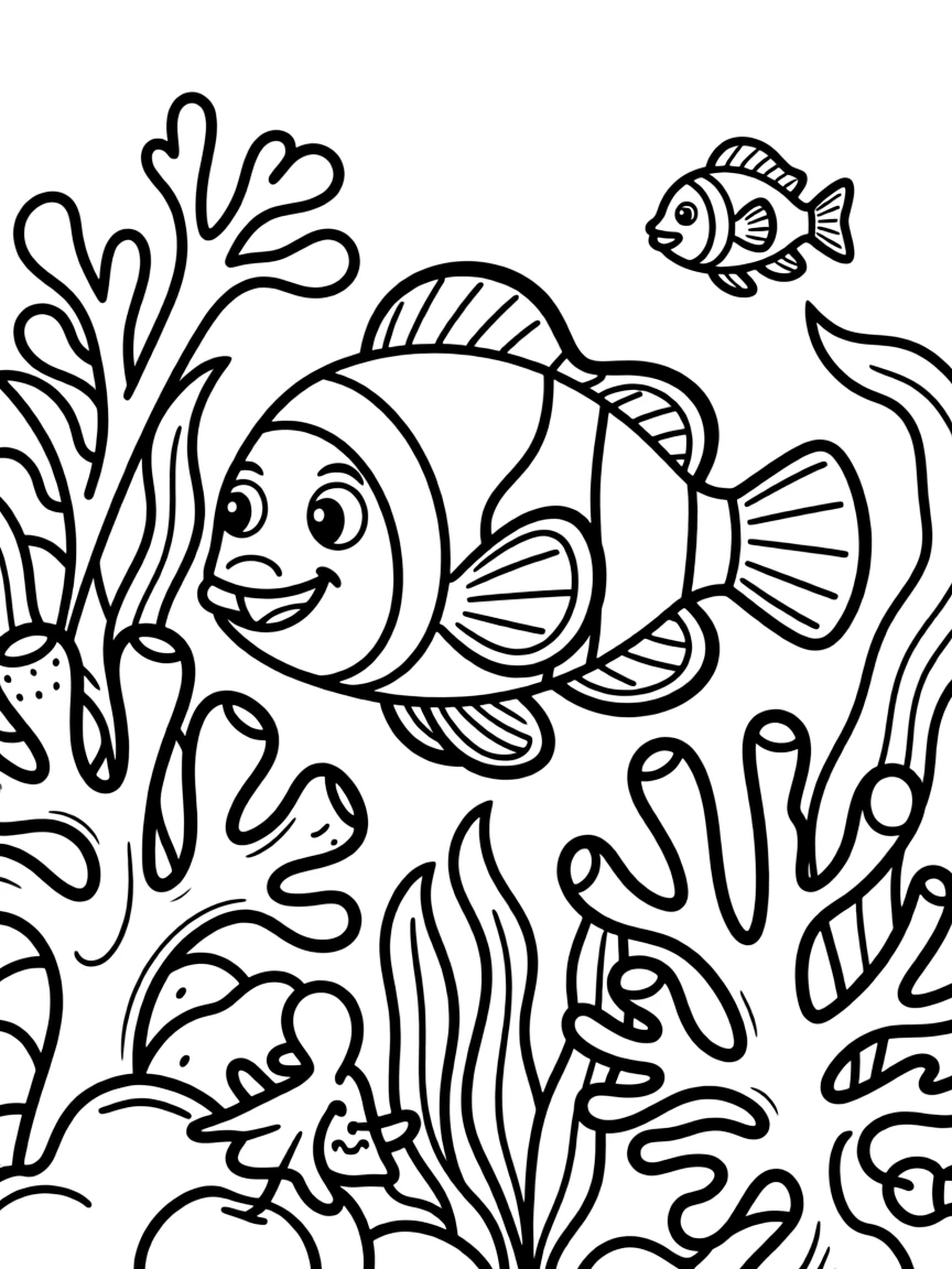 A drawing of a simplified Great Barrier Reef with a smiling clownfish.