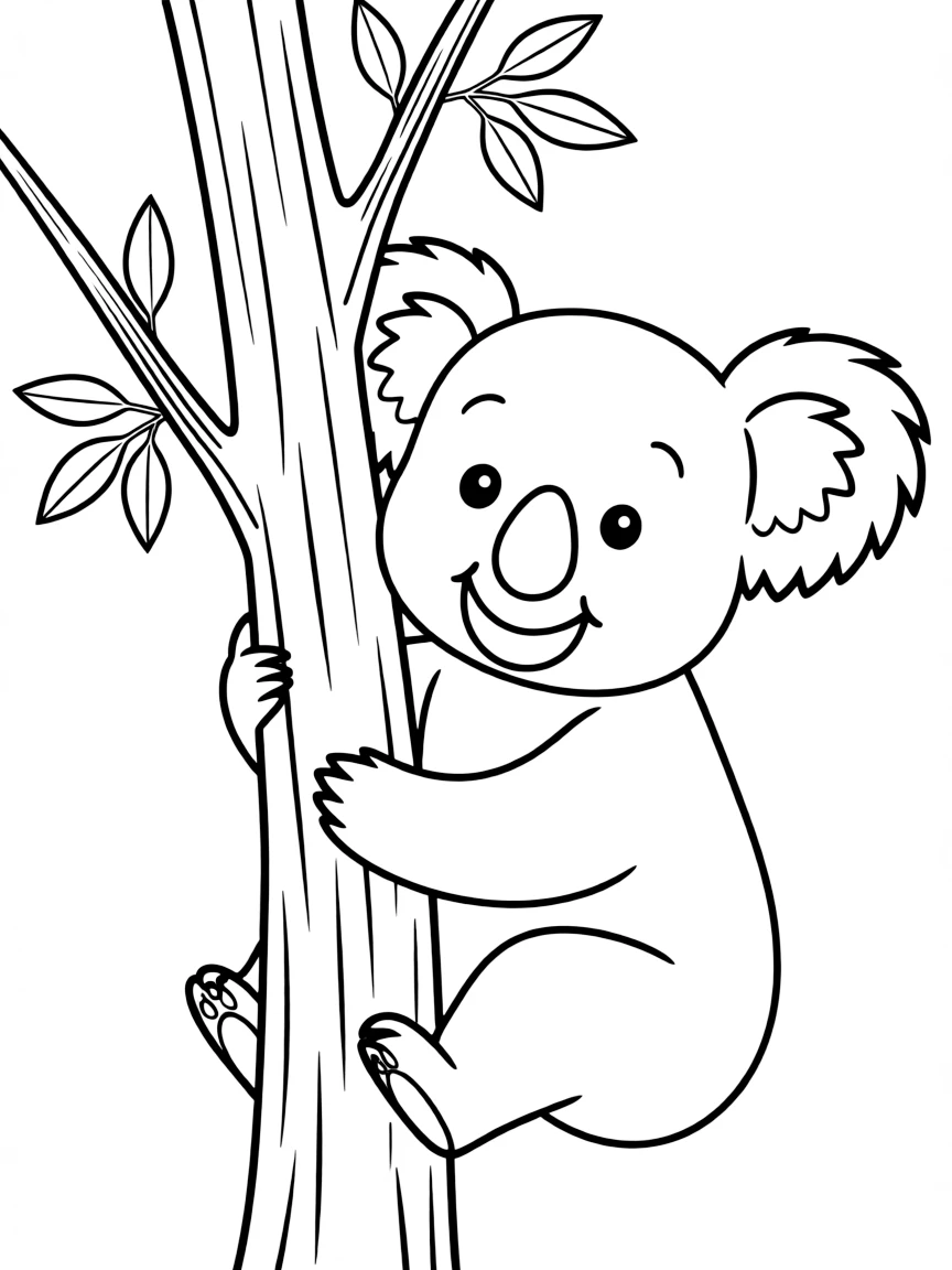 A simplified drawing of a koala bear hugging a eucalyptus tree for coloring.
