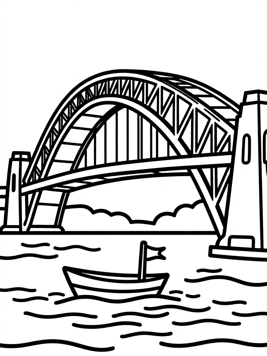 A simple outline of the Sydney Harbour Bridge for coloring, with a little boat underneath.