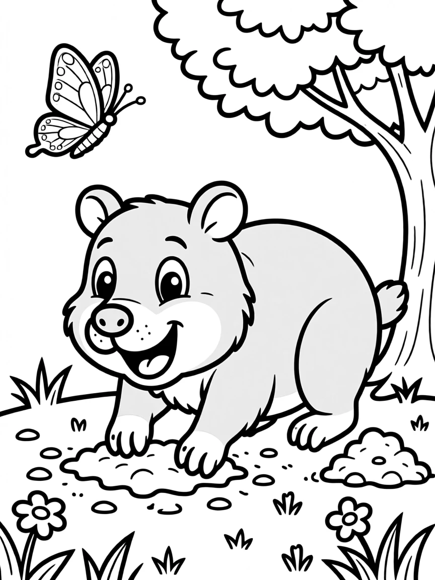 A cartoon-style drawing of a happy wombat digging.