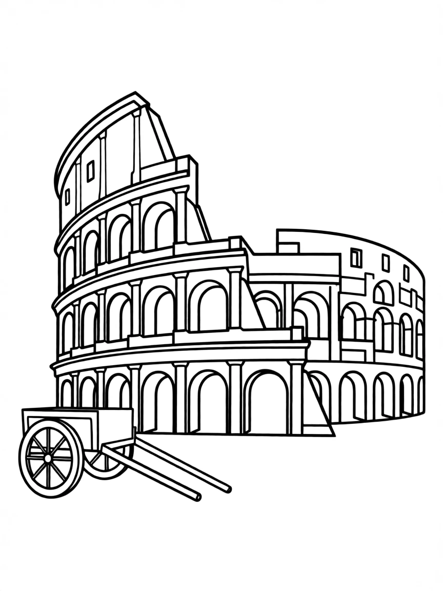 A simple outline of the Colosseum in Rome, with a small cart.