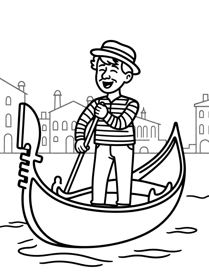 A cute drawing of a friendly gondolier singing in Venice.