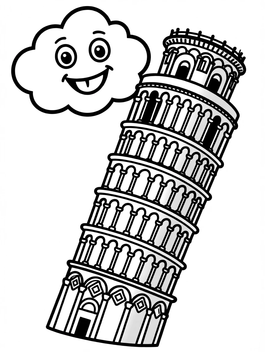 A simple outline of the Leaning Tower of Pisa with a happy cloud.