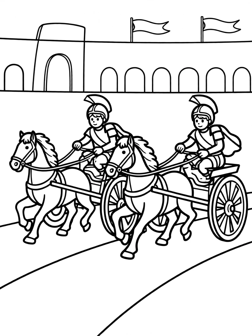 A drawing of a simplified Roman chariot race.