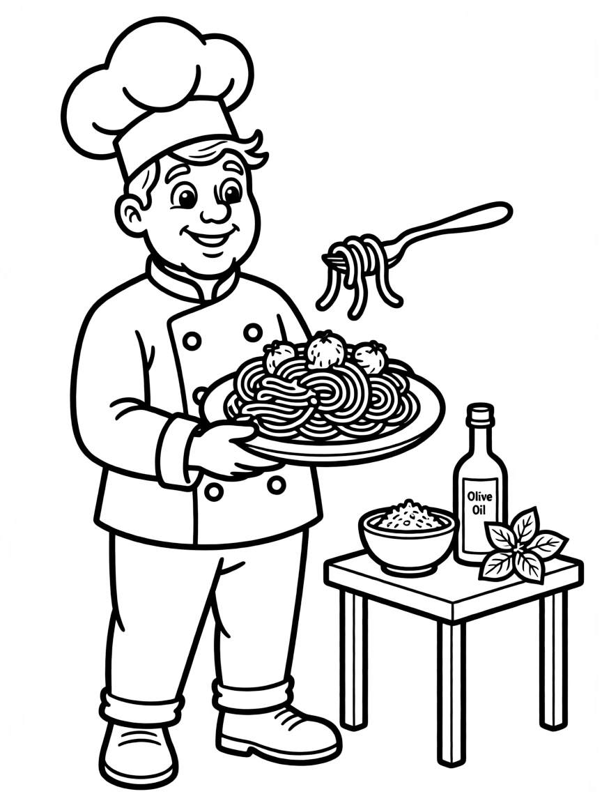 A cartoon-style drawing of a cheerful Italian chef with pasta.
