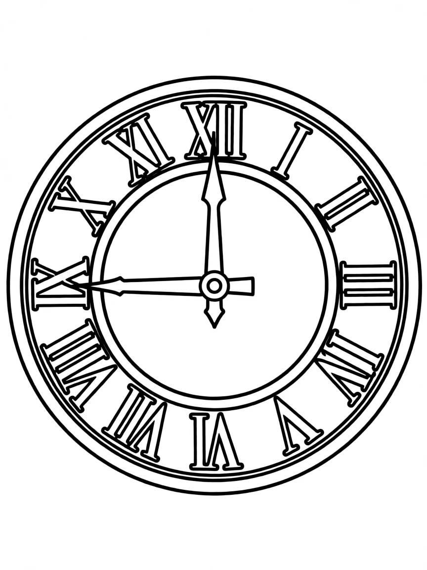 A simplified drawing of a Roman numeral clock.