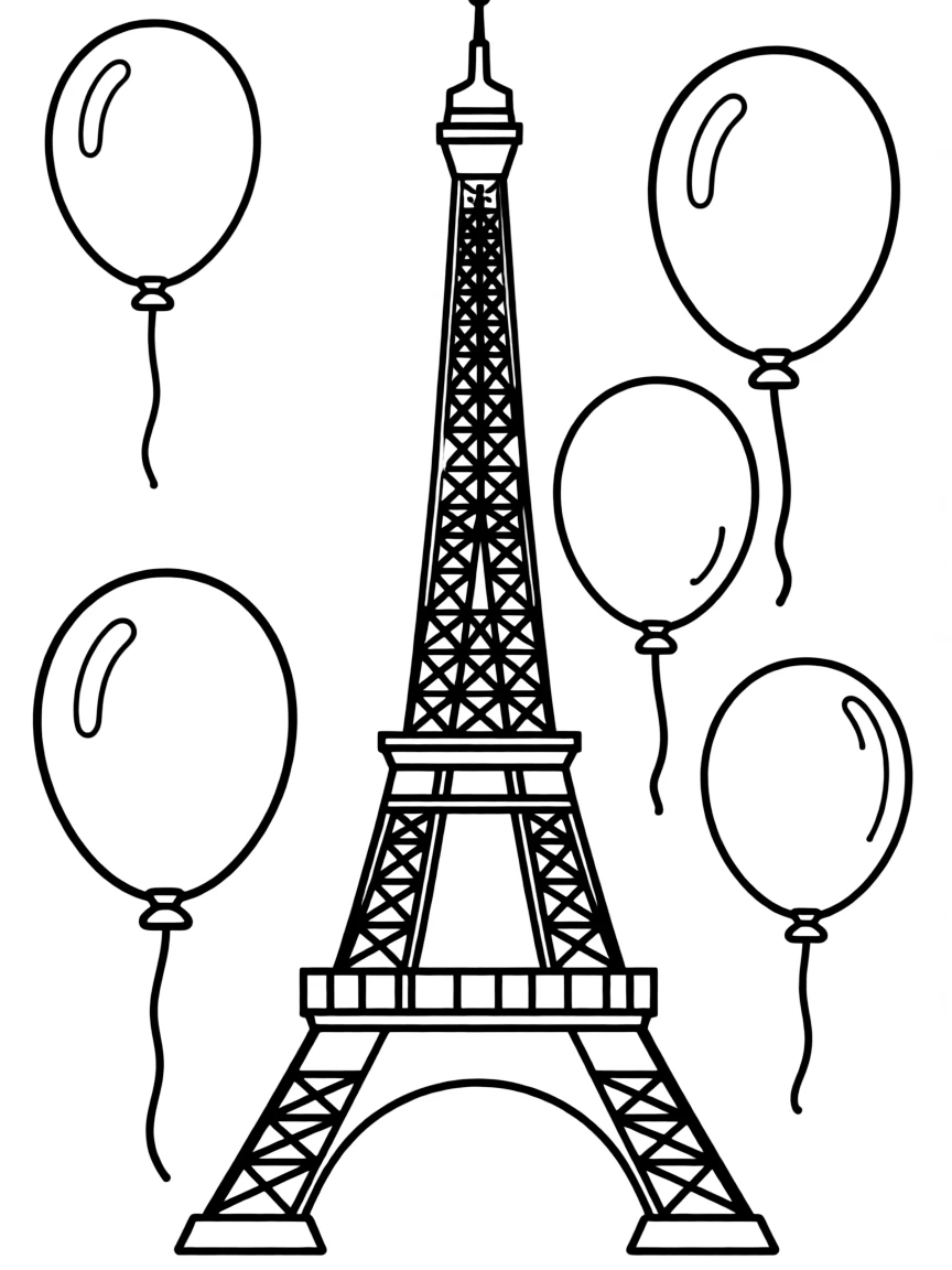 A simple outline of the Eiffel Tower in Paris, with balloons.