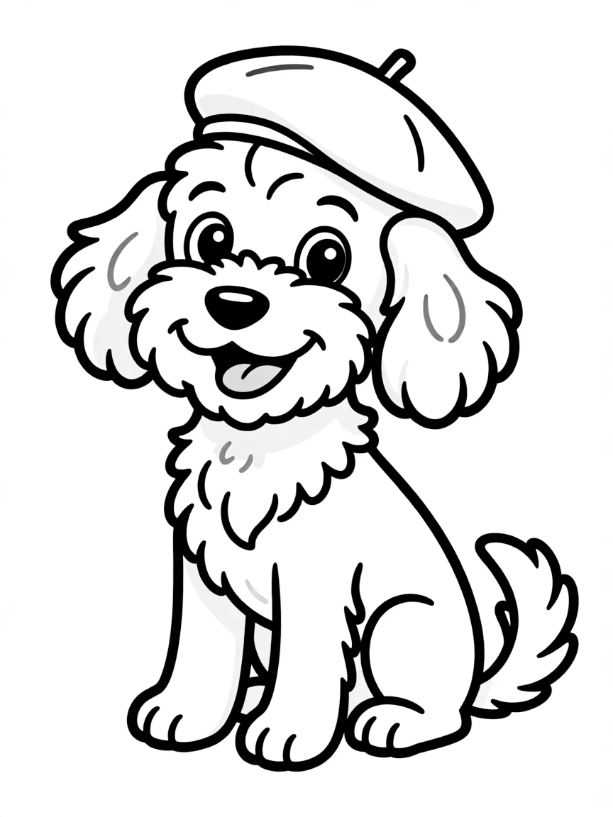 A cartoon-style drawing of a friendly French poodle wearing a beret.