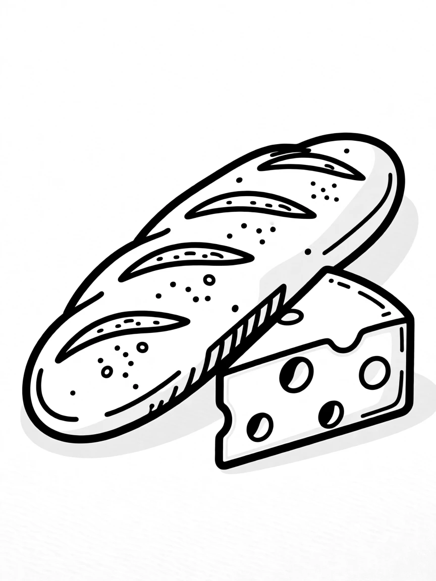 A simplified drawing of a freshly baked baguette with cheese.