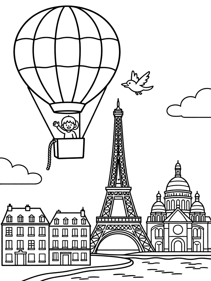 A cute drawing of a hot air balloon floating over Paris.