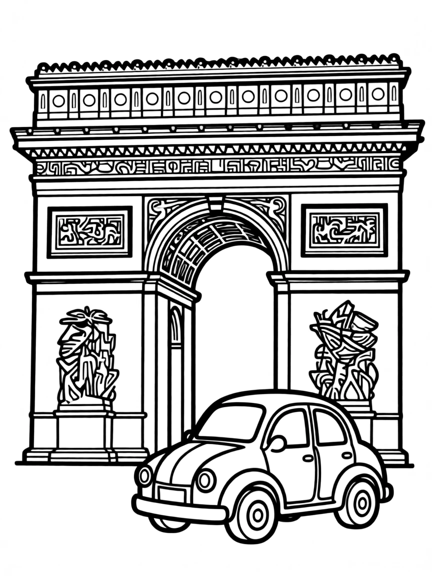 A simple outline of the Arc de Triomphe with a little car.