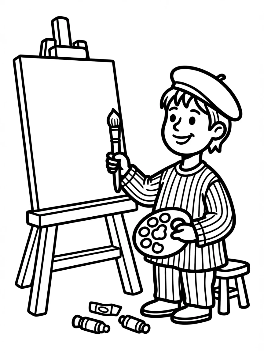 A drawing of a simplified French artist painting.