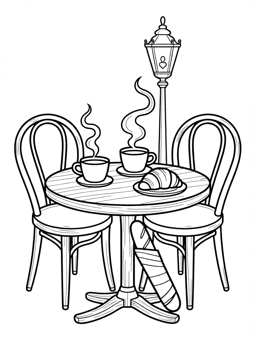 A cute drawing of a Parisian cafe table with coffee.
