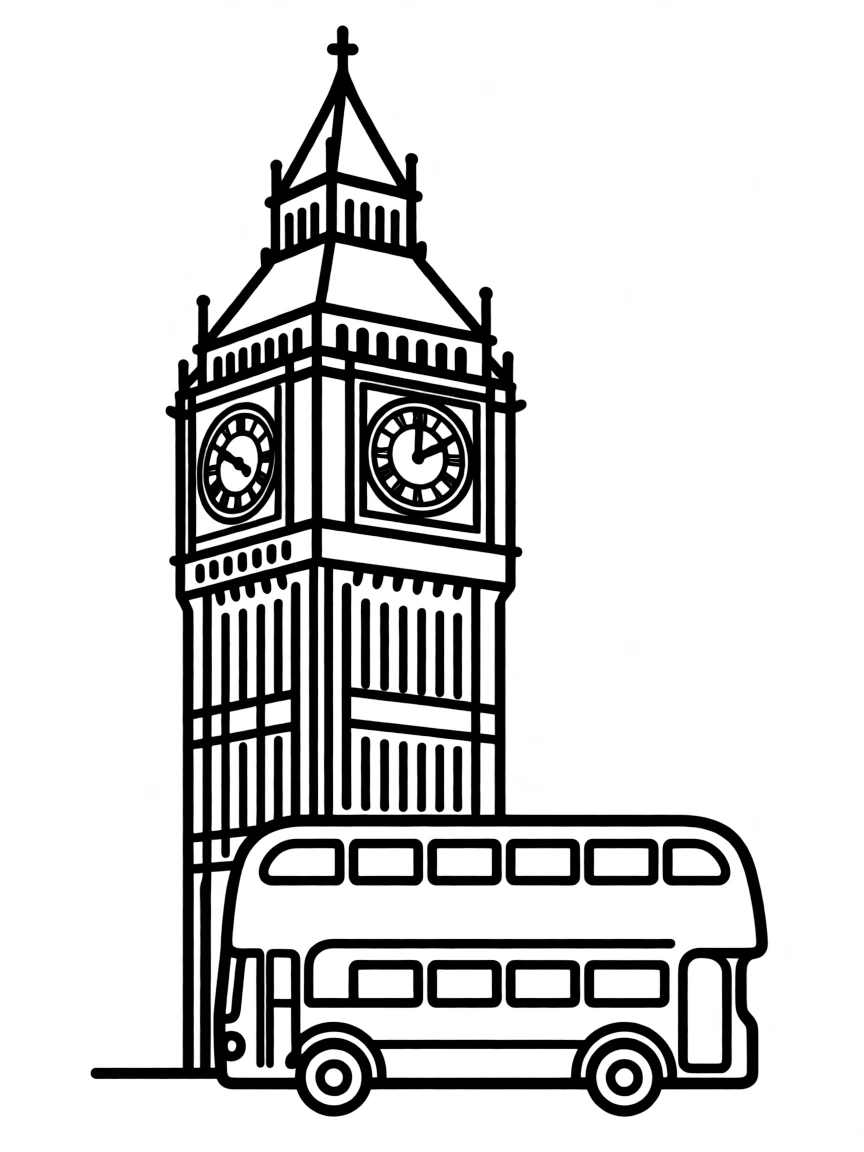A simple outline of Big Ben in London, with a tiny bus.
