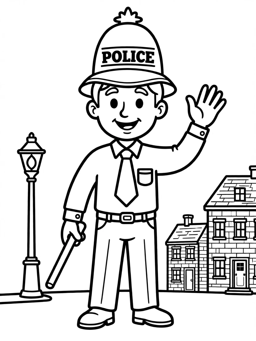 A cartoon-style drawing of a friendly London bobby.
