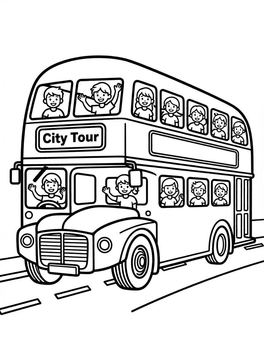 A simplified drawing of a double-decker bus with happy passengers.