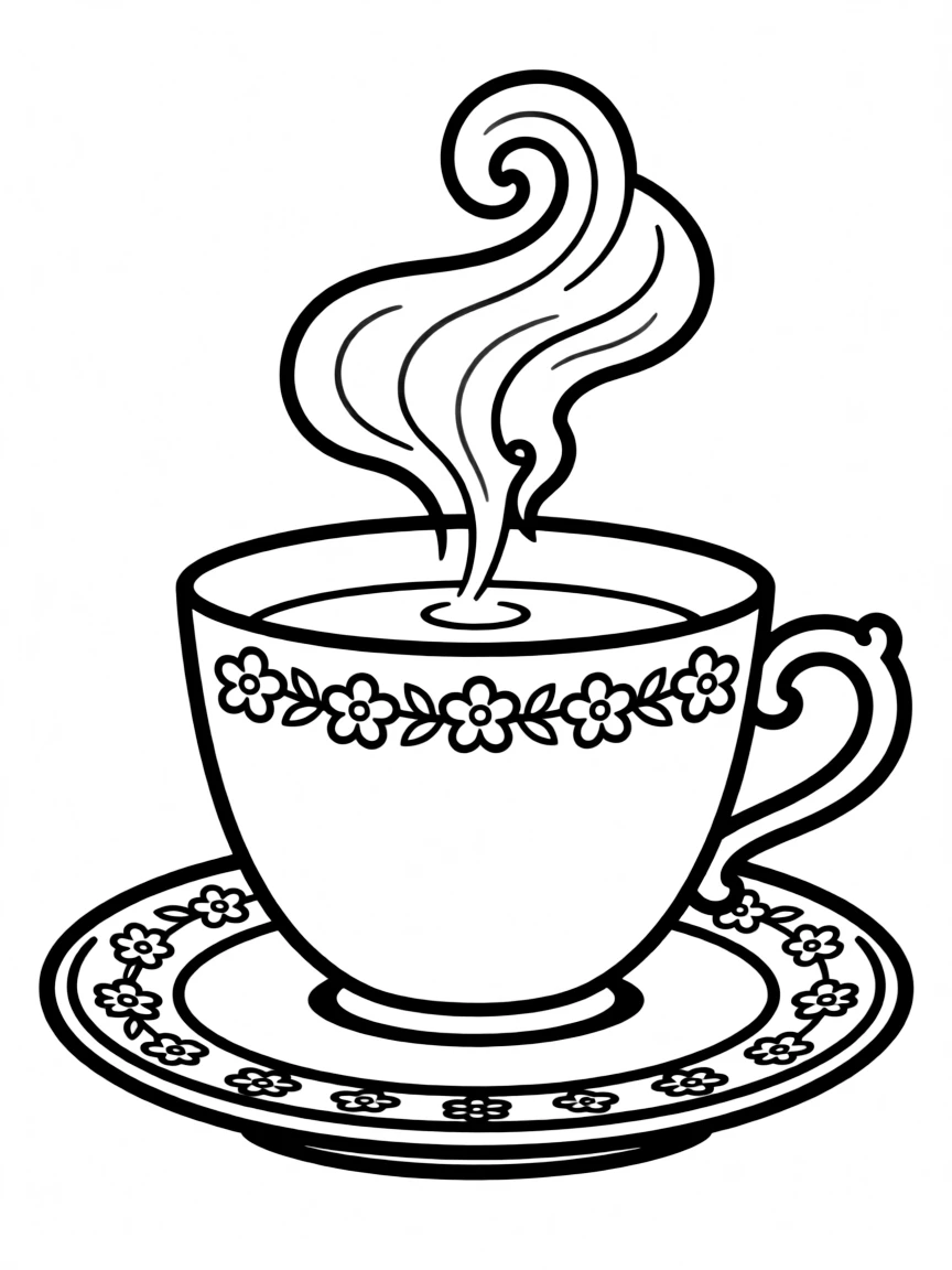 A cute drawing of a British teacup and saucer with steam.