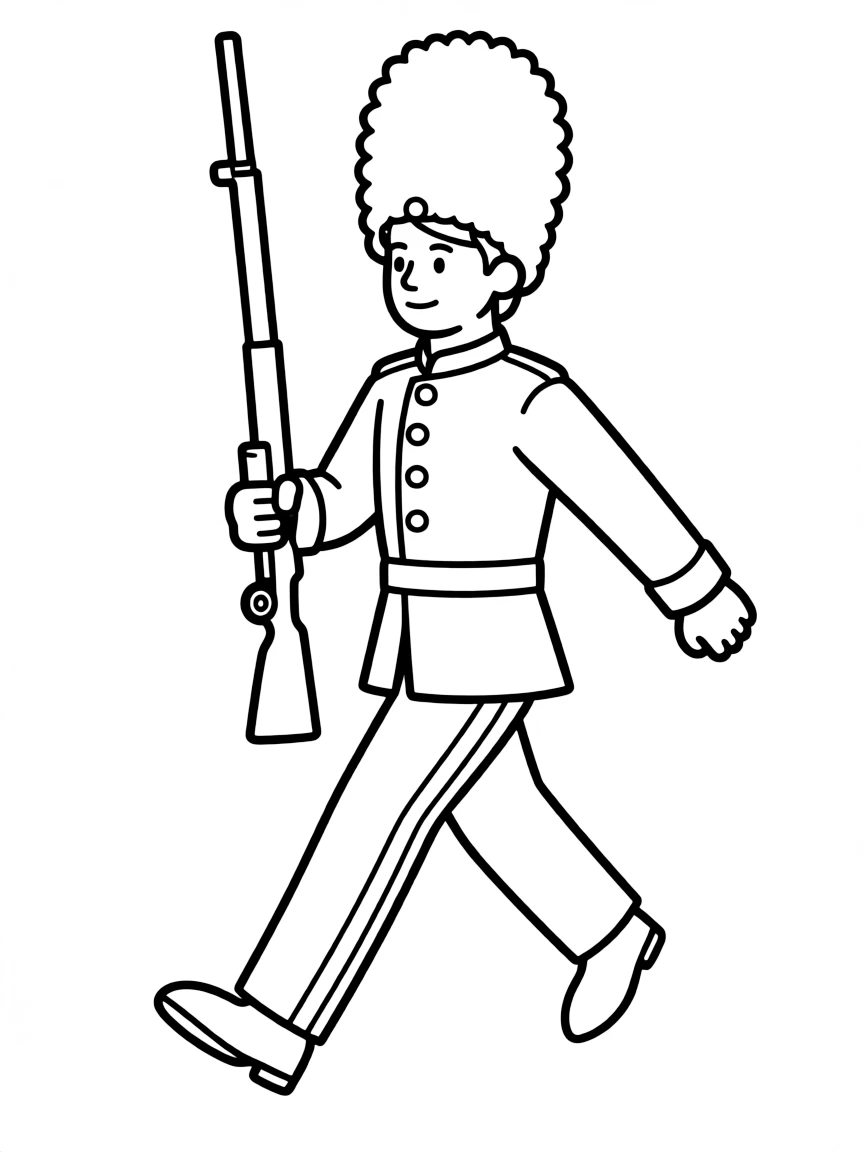 A drawing of a simplified Queen's Guard marching.