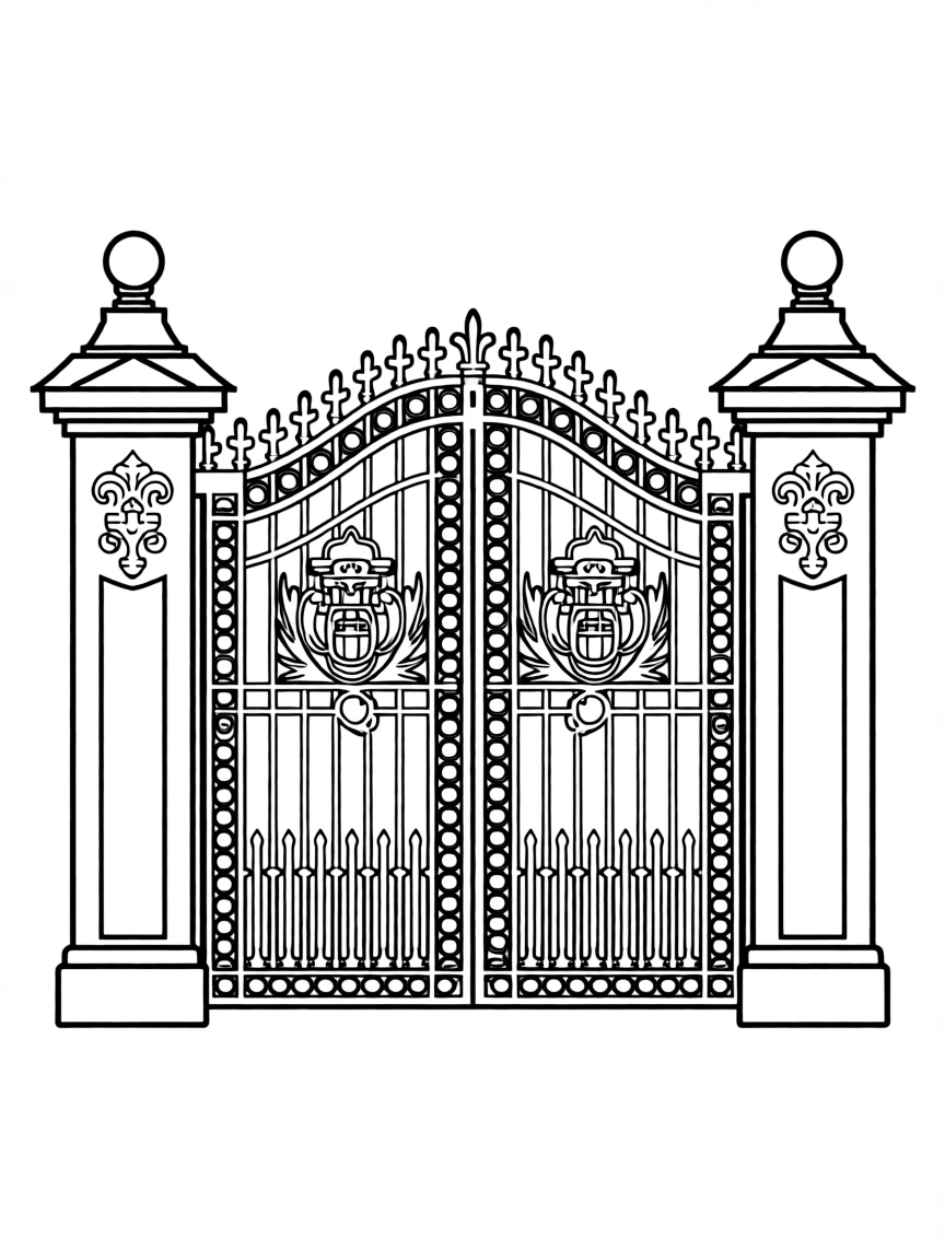 A simple outline of Buckingham Palace gates.