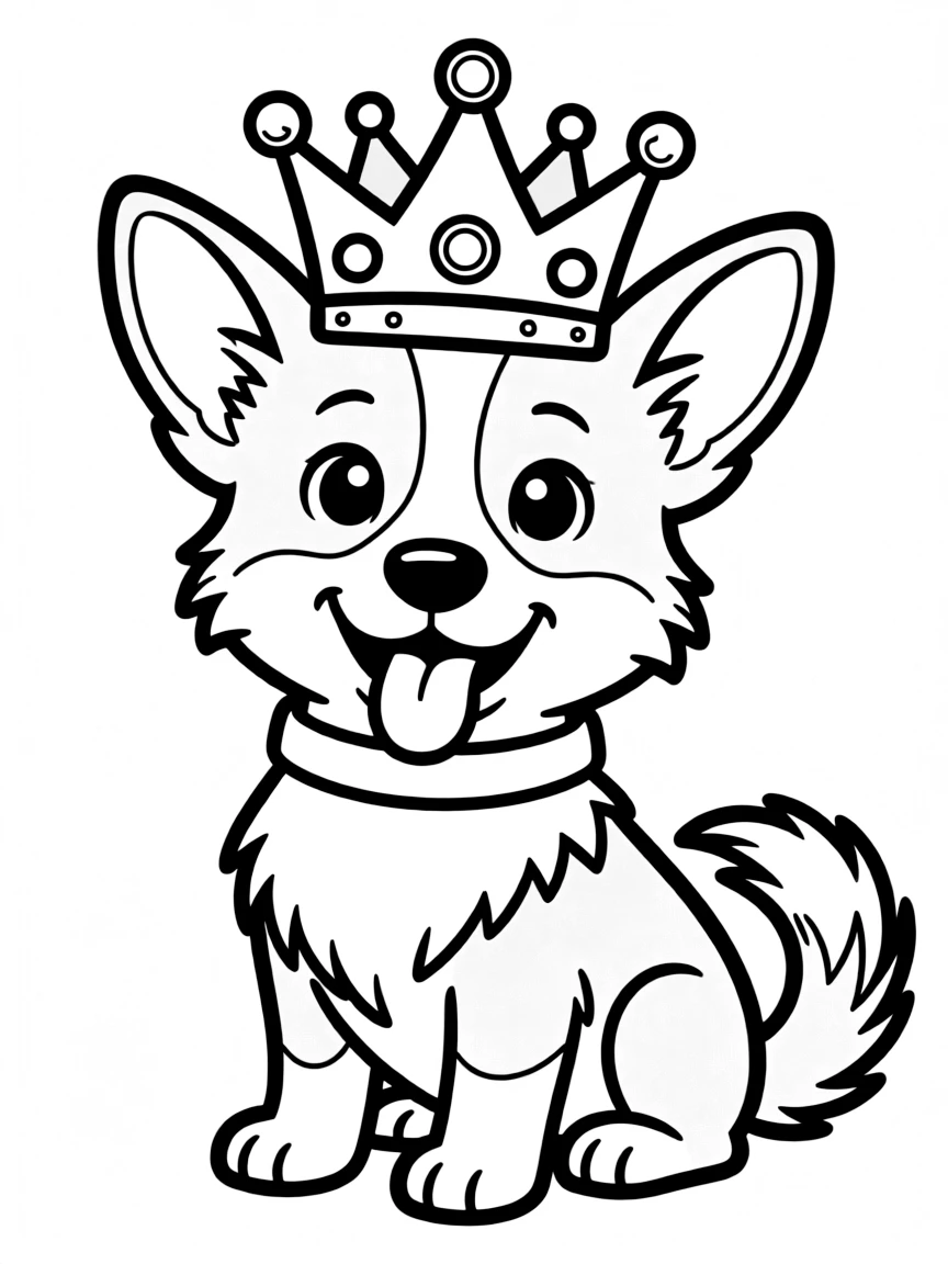 A cute drawing of a corgi dog wearing a crown.