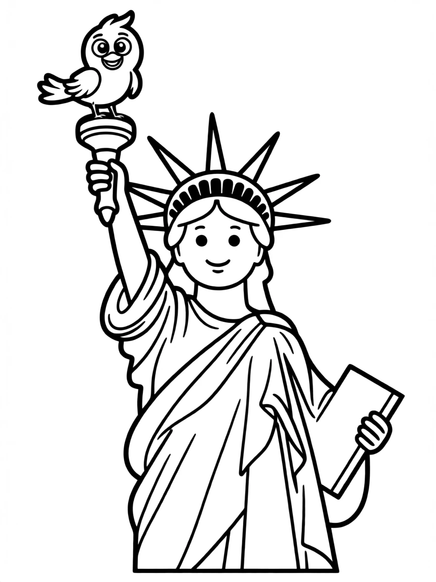 A simple outline of the Statue of Liberty in New York, with a happy bird.