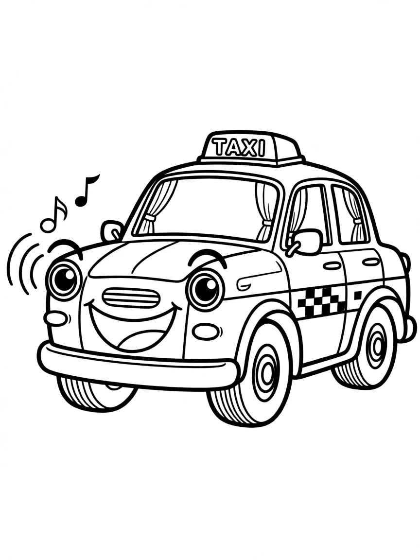 A cartoon-style drawing of a yellow taxi cab honking happily.