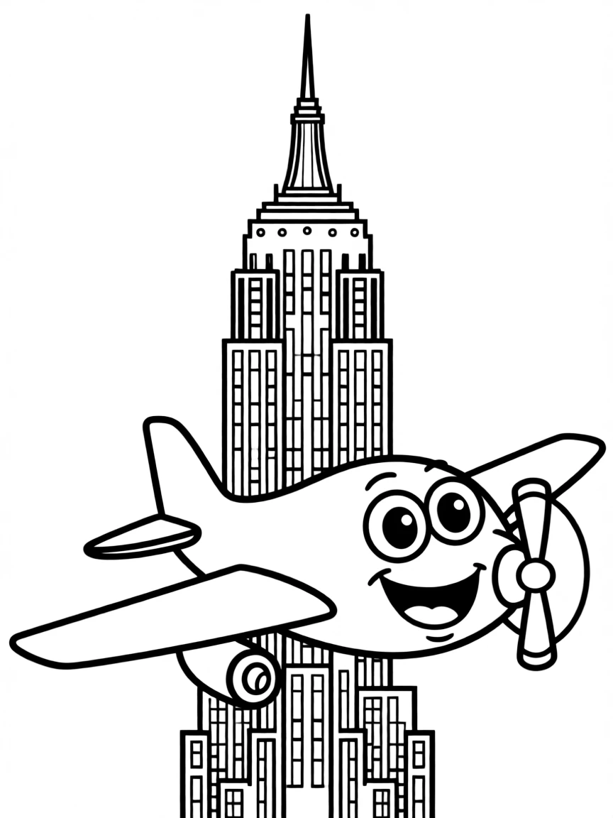 A simplified drawing of the Empire State Building with a happy airplane.
