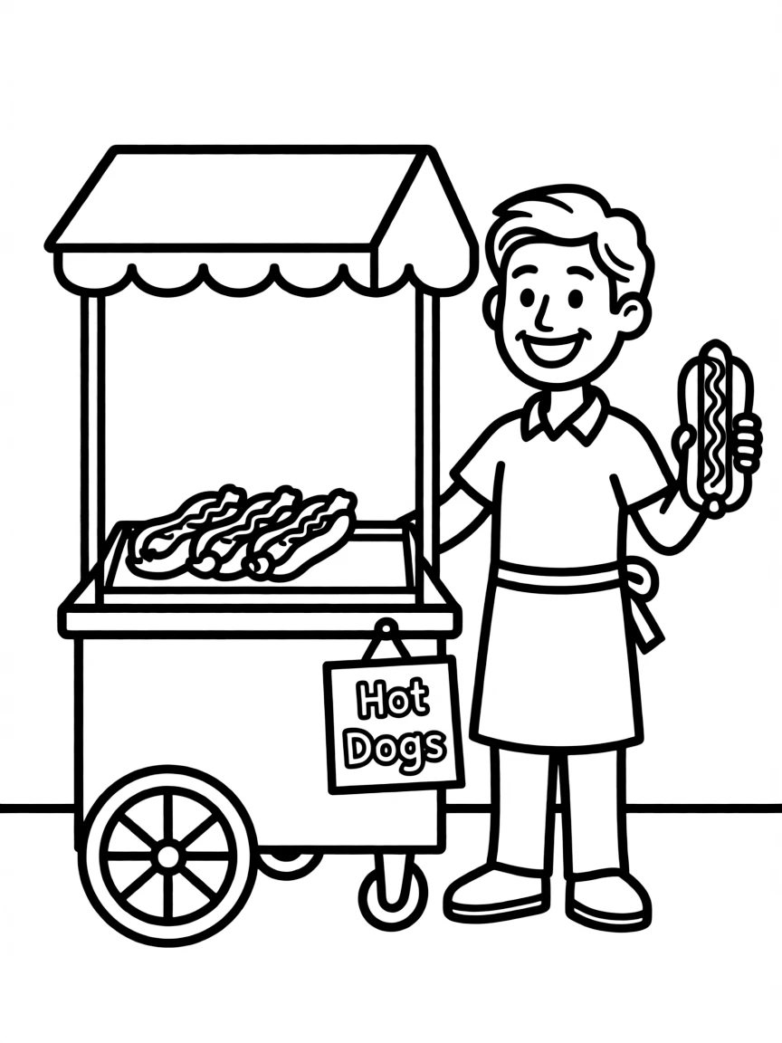 A cute drawing of a hot dog vendor with a big smile.