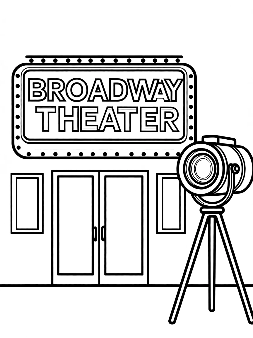A simple outline of a Broadway theater with a stage light.
