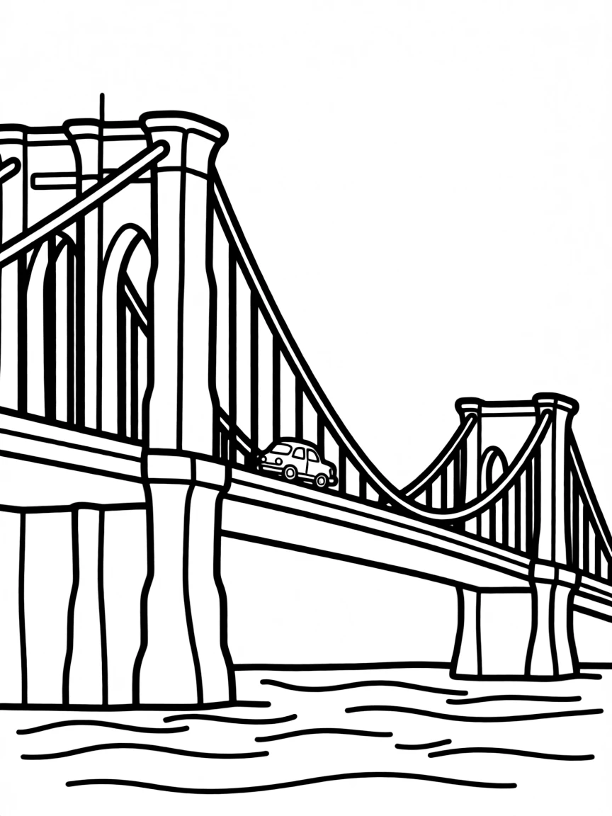 A drawing of a simplified Brooklyn Bridge with a tiny car.