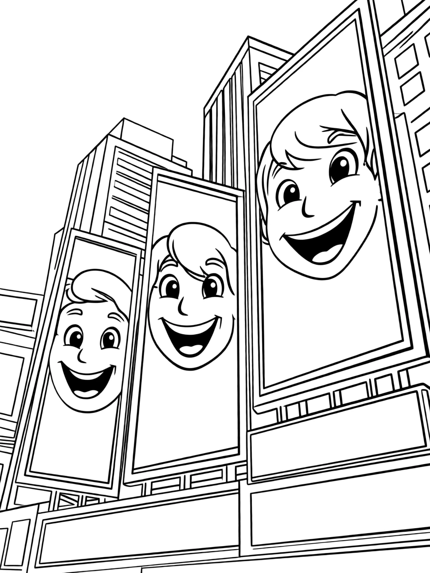 A simple outline of Times Square billboards with happy faces.