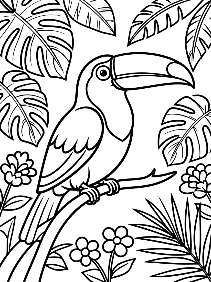 A cartoon-style drawing of a happy toucan in the Amazon rainforest.