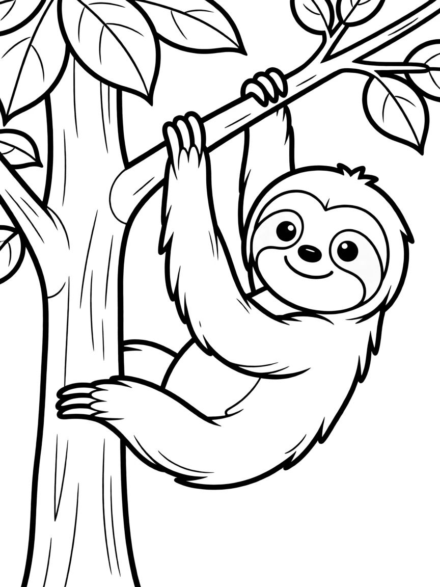 A cute drawing of a friendly sloth hanging from a tree.