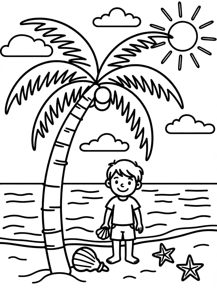 A simplified drawing of a sunny Brazilian beach with a palm tree.