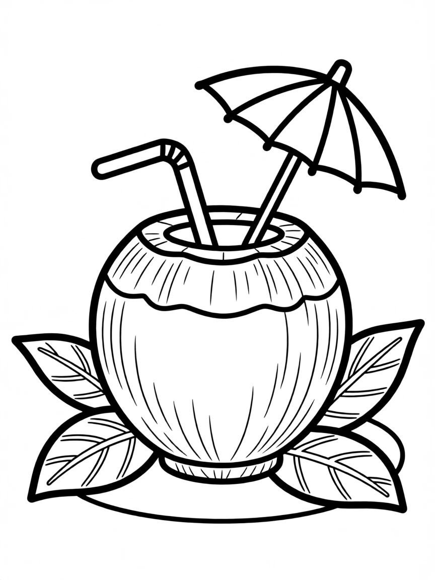 A cute drawing of a fresh coconut drink.