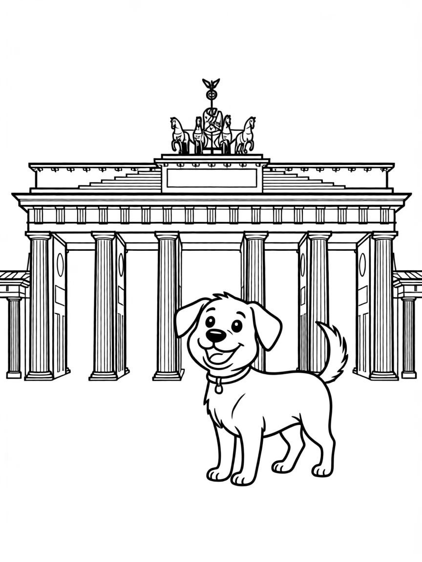 A simple outline of the Brandenburg Gate in Berlin, with a happy dog.