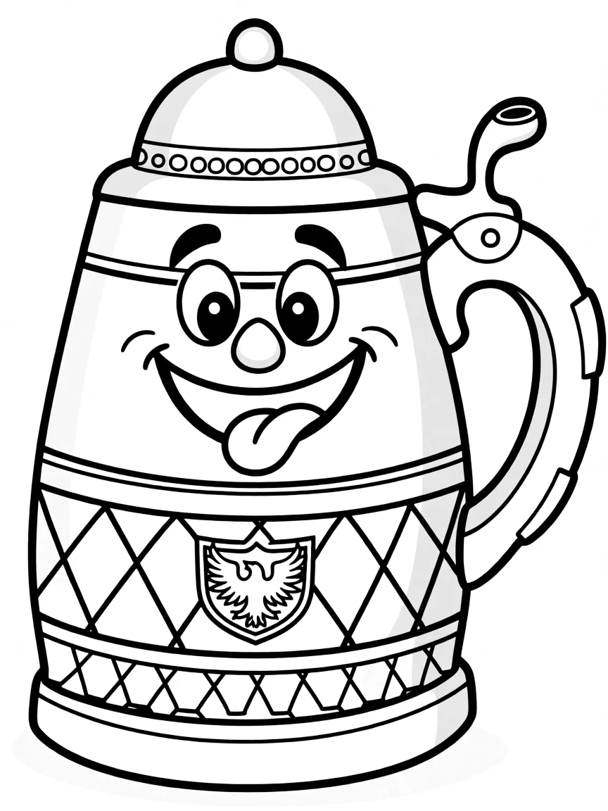 A cartoon-style drawing of a happy German beer stein.