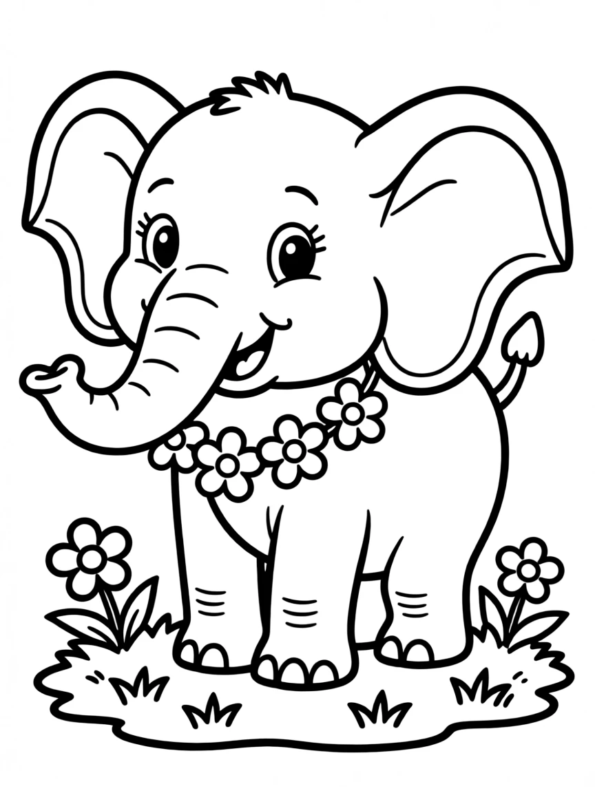 A cartoon-style drawing of a friendly elephant with a flower garland.