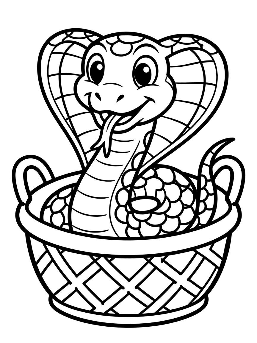 A cute drawing of a smiling cobra in a basket.