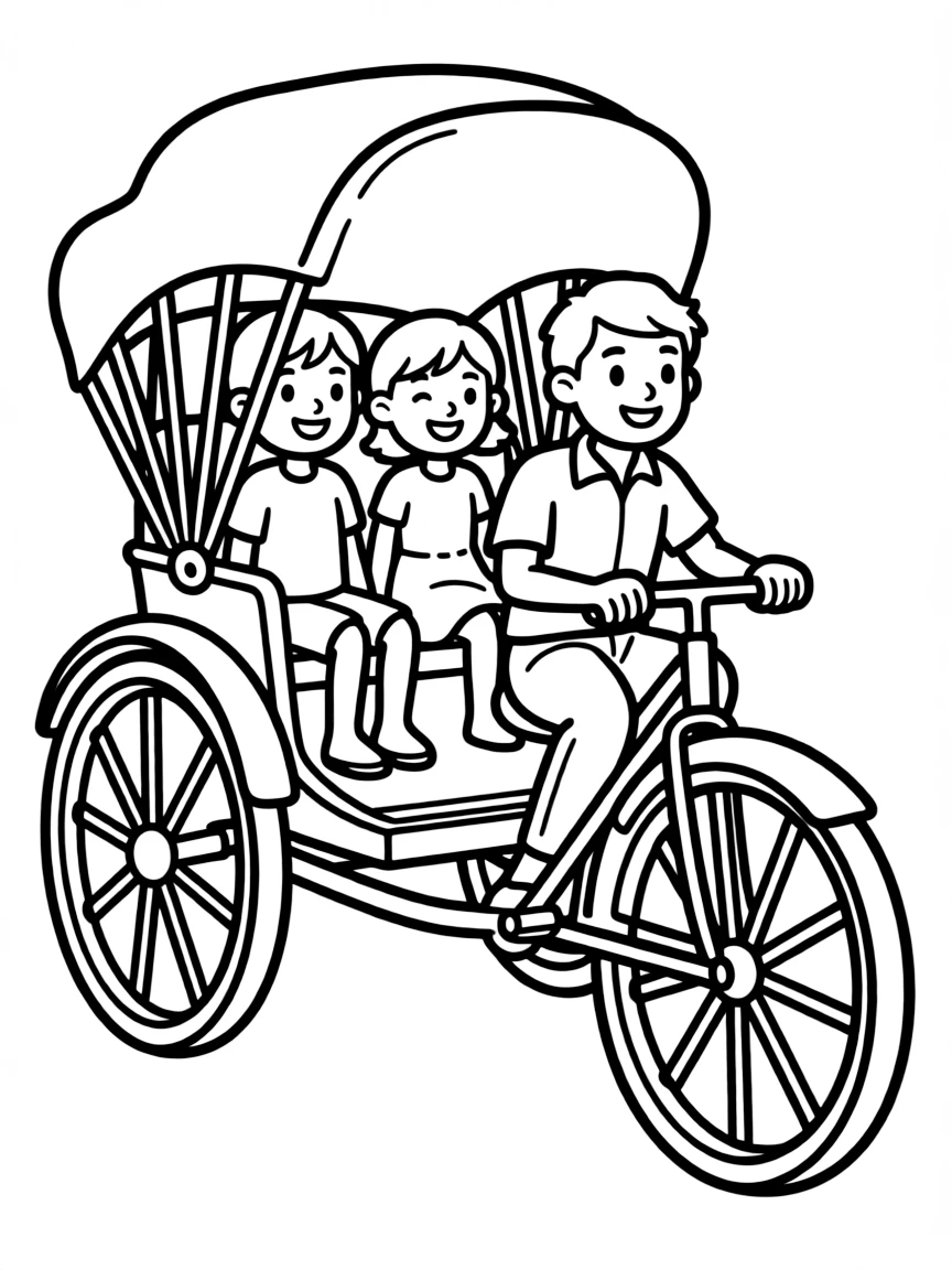 A drawing of a simplified rickshaw with happy passengers.