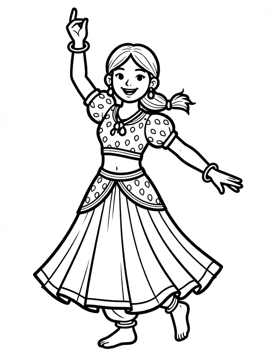 A cartoon-style drawing of a cheerful Indian dancer.