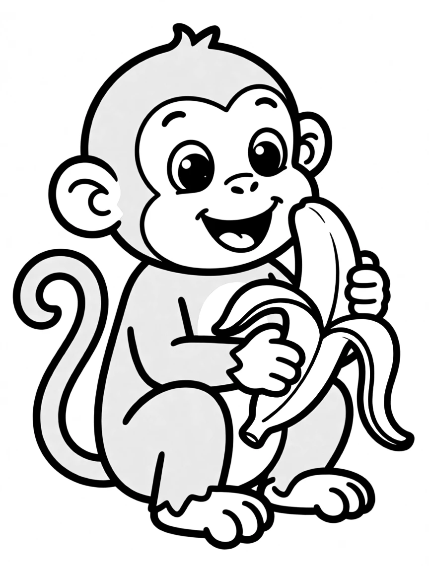 A cute drawing of a monkey eating a banana.