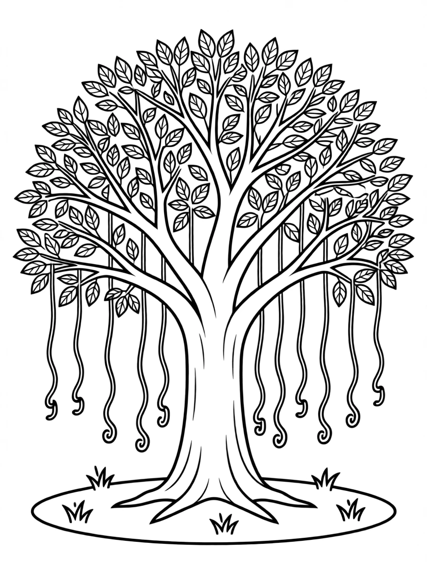 A simple outline of a banyan tree with hanging roots.