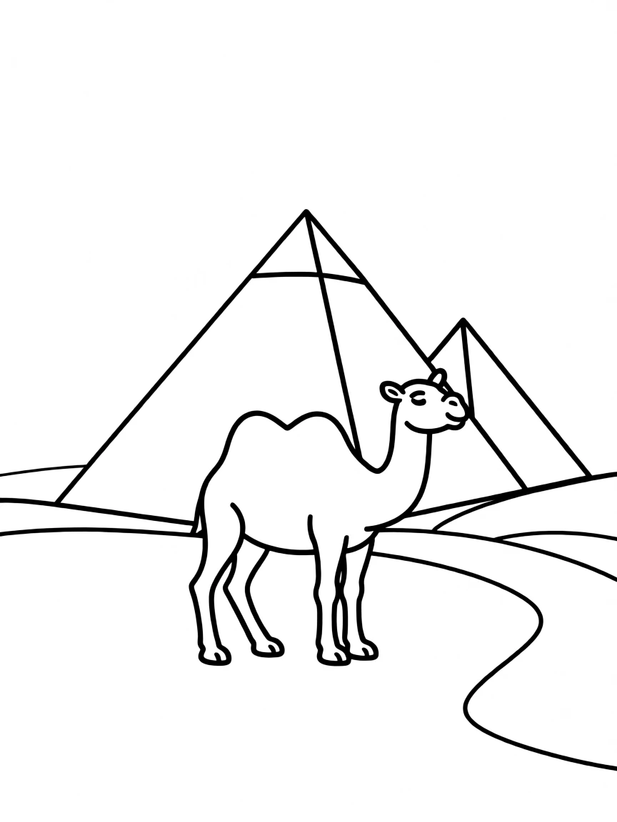 A simple outline of the Pyramids of Giza, with a tiny camel.