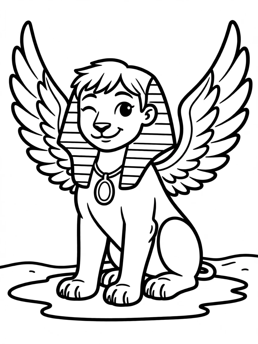 A cartoon-style drawing of a friendly Sphinx with a wink.