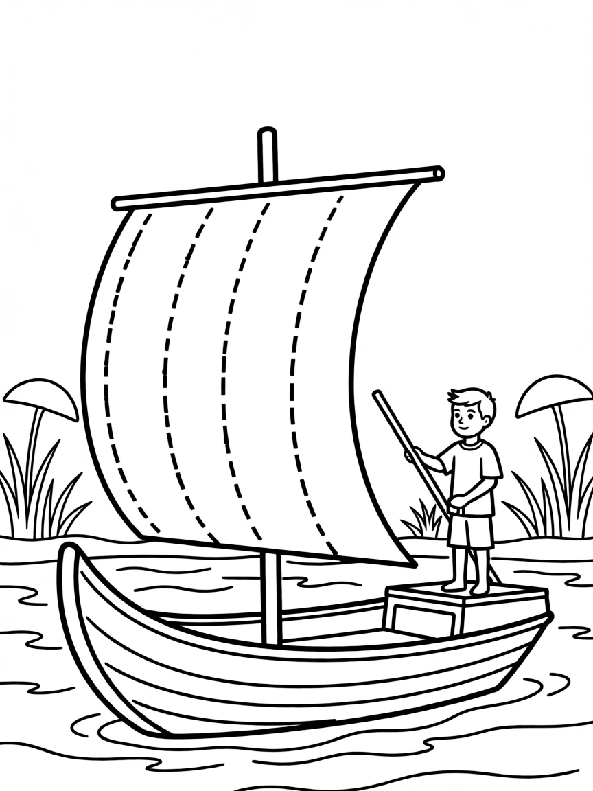 A drawing of a simplified Nile River boat with a sail.