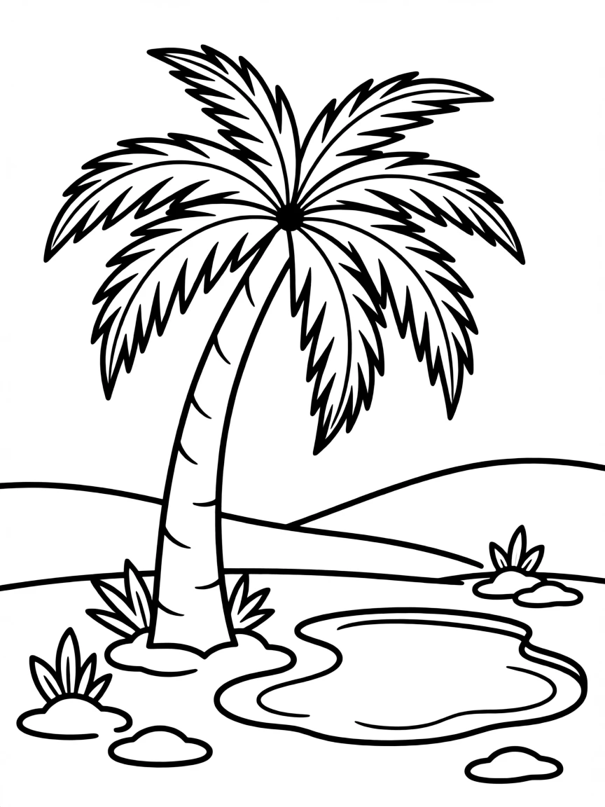 A simplified drawing of a desert oasis with a palm tree.