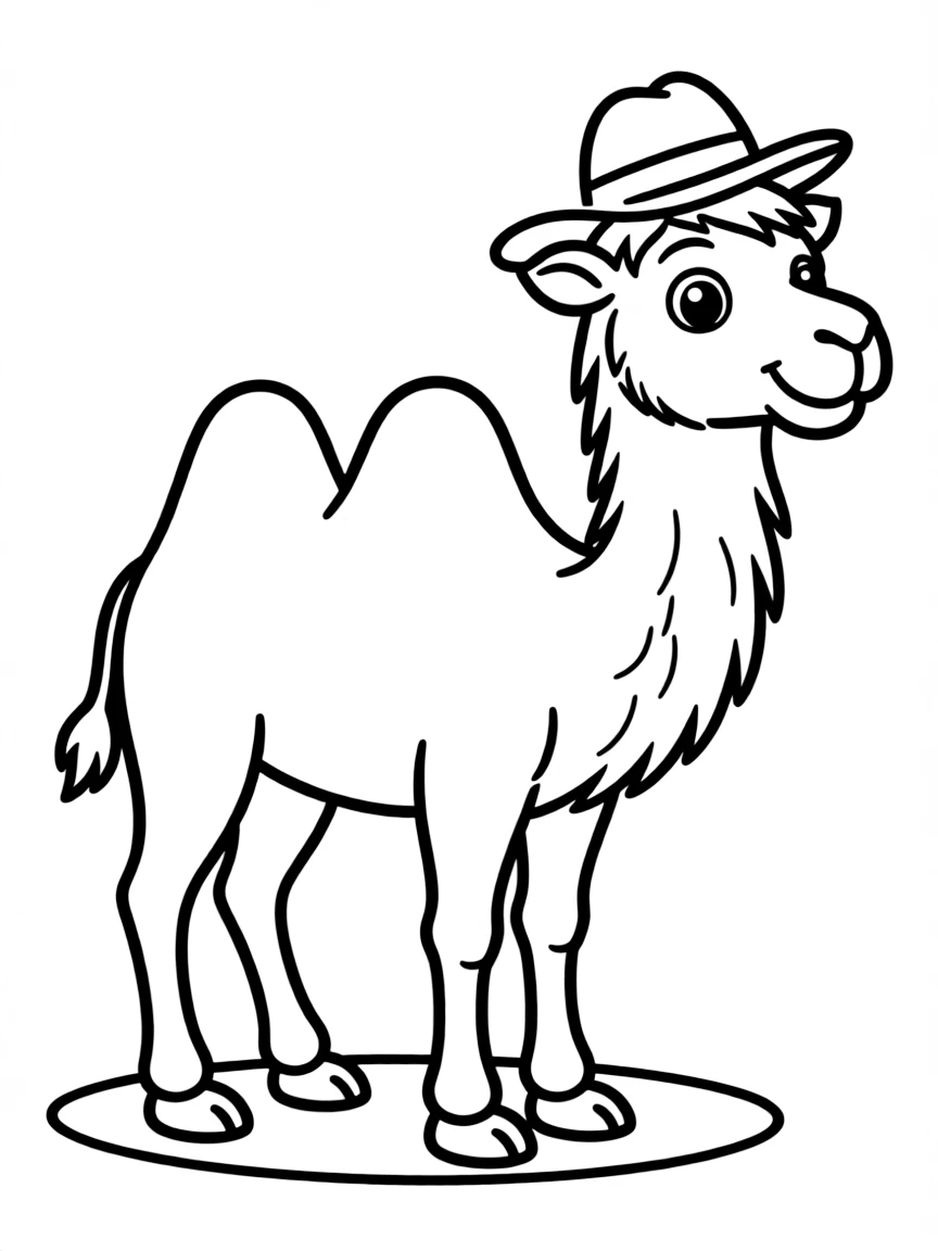 A cute drawing of a friendly camel wearing a small hat.